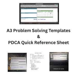 May include: A digital collection of A3 problem solving templates and a PDCA quick reference sheet. The set includes an Excel spreadsheet on a desktop, a printable PDF on a clipboard, a text-based reference sheet, and a PowerPoint file on a laptop.