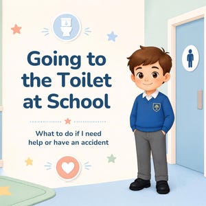 May include: A digital illustration featuring a child in a blue sweater and gray pants standing near a door labeled Toilet. The text reads Going to the Toilet at School, What to do if I need help or have an accident, and Be Kind Ask for Help.