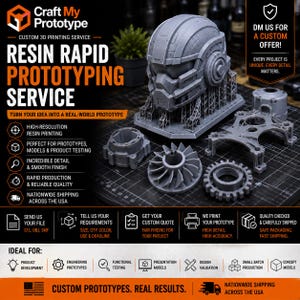 Könnte beinhalten: Ein grauer 3D-gedruckter Harz-Helm-Prototyp und verschiedene mechanische Komponenten auf einer schwarzen Rastermatte. Das Bild enthält Text, der für einen individuellen 3D-Druckservice wirbt und die hochauflösenden Druckfähigkeiten beschreibt.