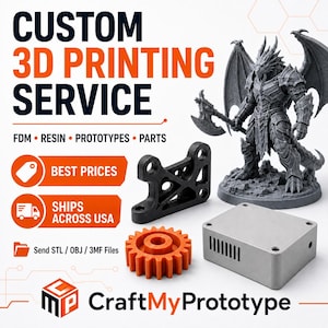 Puede incluir: Un anuncio de servicio de impresión 3D personalizado con una figura de dragón gris, un soporte mecánico negro, un engranaje naranja y una carcasa rectangular gris. El texto incluye CUSTOM 3D PRINTING SERVICE, FDM, RESIN, PROTOTYPES, PARTS y CraftMyPrototype.
