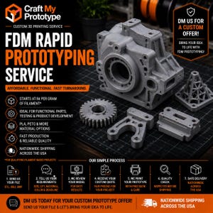 May include: A grey 3D printed mechanical housing, a gear, a bracket, and a lattice structure on a black grid mat. Text includes Craft My Prototype, FDM Rapid Prototyping Service, and a seven-step process for custom 3D printing services.