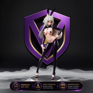 Puede incluir: Una figura digital 3D de un personaje con cabello blanco y orejas de conejo negras, vistiendo un body negro con puños blancos y cubrepezones en forma de corazón frente a un gran emblema de escudo morado y dorado con texto.