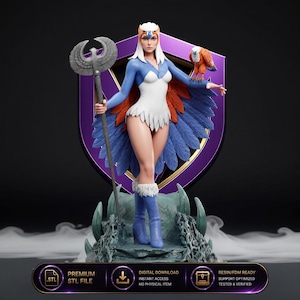 May include: A 3D digital figurine of a character with white hair, wearing a blue and white bodysuit with large blue and orange wings, holding a grey staff with a winged emblem, and a small orange bird perched on an arm, set against a purple shield.
