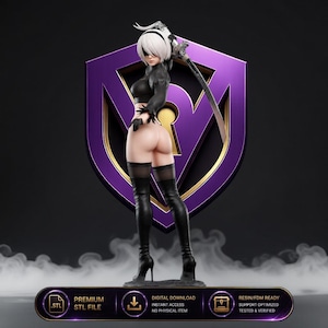 May include: A 3D digital figurine of a character with short white hair, wearing a black cropped top, black gloves, and black thigh-high boots. The character holds a long sword over the shoulder. Behind is a purple shield emblem with a keyhole.