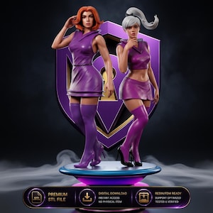May include: Two female character figurines standing on a circular platform in front of a purple shield emblem. One figure has orange hair and a purple dress, while the other has white hair, a purple crop top, and a skirt, both wearing purple boots.