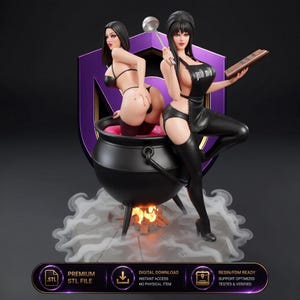 Peut inclure: Une sculpture numérique 3D représentant deux personnages aux cheveux noirs. L'un porte un tablier noir avec le texte 'goth milk' et tient une louche et un objet rectangulaire. L'autre est assis dans un chaudron noir rempli de liquide rose.