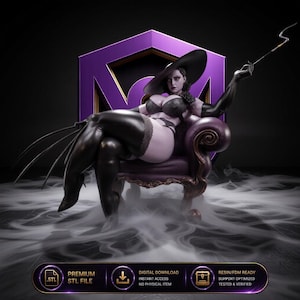 May include: A 3D digital sculpture of a tall figure with pale skin, wearing a wide-brimmed black hat, black lace lingerie, and long gloves, sitting on a purple armchair. The figure holds a long cigarette holder. Text includes STL, DIGITAL DOWNLOAD, and RESIN/FDM READY.