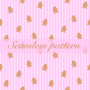Può includere: Un motivo ripetitivo senza cuciture con figure di omini di pan di zenzero marrone chiaro distribuite su uno sfondo a strisce verticali rosa chiaro e bianco. Il testo "Seamless pattern" è stampato in corsivo al centro.