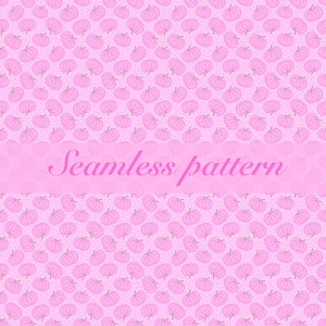 May include: A seamless pattern featuring a repeating design of light pink pumpkins on a slightly darker pink background with small dots. A horizontal band across the centre displays the text Seamless pattern in a cursive pink font.