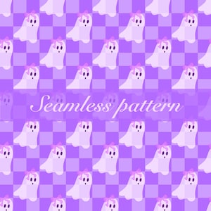 Light Purple Lavender Violet Checkered Halloween Digital Design with Cute Pink Bow Ghosts Repeat Seamless Pattern