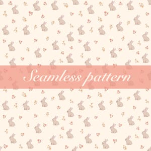 May include: A seamless pattern featuring a repeating design of small light brown rabbits and tiny orange and pink flowers on a cream background. A horizontal coral-coloured band across the centre displays the white text Seamless pattern.