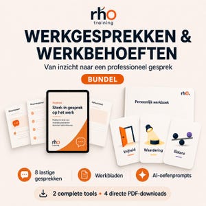 Pode incluir: Um pacote de formação com um tablet exibindo um manual intitulado Sterk in gesprek op het werk, junto com cartões e documentos impressos. O conjunto inclui cartões Vrijheid, Waardering, Balans, e texto sobre 8 lastige gesprekken, werkbladen, AI-oefenprompts, 2 complete tools e 4 directe PDF-downloads.
