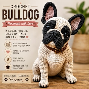 Puede incluir: Una figura de bulldog francés tejida a ganchillo con hilo crema y negro, con grandes ojos oscuros, orejas erguidas con detalles rosados y un collar de cuero marrón. El texto dice: CROCHET BULLDOG, Handmade with Love, A LOYAL FRIEND, MADE BY HAND JUST FOR YOU, 100% HANDMADE WITH PREMIUM YARN, REALISTIC & UNIQUE DESIGN, SOFT, SAFE & ECO-FRIENDLY, PERFECT GIFT FOR DOG LOVERS, CUTE. LOYAL. HANDMADE. Forever.