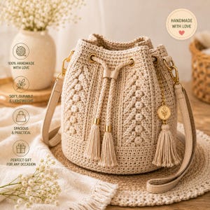 Può includere: Una borsa a secchiello all'uncinetto color beige con un motivo a maglia testurizzato, chiusura a coulisse con due lunghe nappe e un ciondolo in metallo dorato. La borsa include una tracolla beige abbinata con clip dorate.