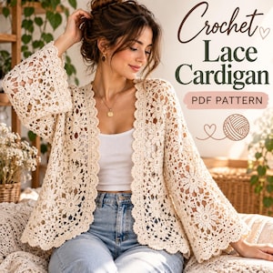 Pode incluir: Um cardigã de renda de crochê na cor creme com um padrão de motivos florais, mangas largas e frente aberta. O texto na imagem diz Crochet Lace Cardigan PDF PATTERN com um ícone de coração e um novelo de lã.