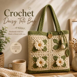 May include: A crochet tote bag featuring a cream-coloured base with four square panels, each decorated with a white daisy and green leaves. The bag has green handles, a wooden button closure, and text that reads Crochet Daisy Tote Bag.