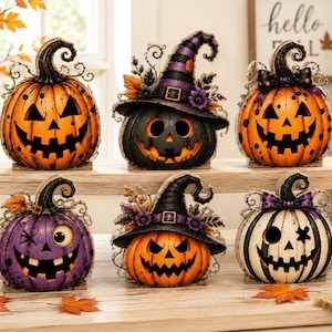 Pode incluir: Um conjunto de seis abóboras decorativas de Halloween dispostas numa prateleira de madeira. As abóboras apresentam vários designs em cores laranja, roxo e branco, algumas usam chapéus de bruxa, outras têm laços e todas exibem rostos esculpidos.