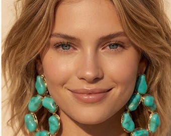 Chunky Turquoise Cluster Earrings, Gold Wire Wrapped Boho Chandelier Style, Gift for her