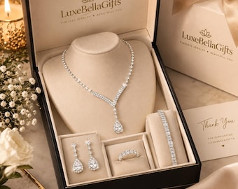 Brautschmuck-Set aus Silber und Kristallen, Halskette und Ohrringe, Strass-Tropfenschmuck, Geschenk für die Braut