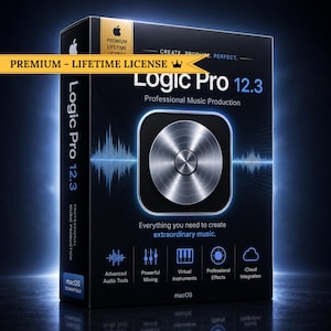 Puede incluir: Una caja de software negra para Logic Pro 12.3 Professional Music Production con un icono circular metálico, gráficos de ondas sonoras azules y texto que incluye Premium Lifetime License, Create Produce Perfect y macOS compatible.