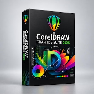 Peut inclure: Une boîte de logiciel rectangulaire noire pour CorelDRAW Graphics Suite 2026. Le devant présente un logo de montgolfière coloré, une grande lettre D, une roue chromatique et diverses icônes d'outils de conception. Le texte est visible.