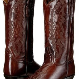 Könnte beinhalten: Ein Paar dunkelbraune Leder-Cowboystiefel mit einem hohen Schaft, der mit aufwendigen, farblich abgestimmten Stickmustern versehen ist, einer spitzen Zehenpartie, einem Blockabsatz und Zuglaschen am Schaftrand. Die Stiefel haben eine polierte Oberfläche und eine klassische Form.