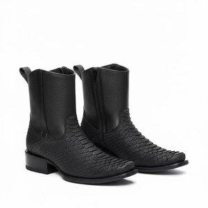 Men’s Black Python Snakeskin Boots, Handmade Exotic Leather Western Cowboy Boots with Side Zip, Real Leather Ankle Biker Boots