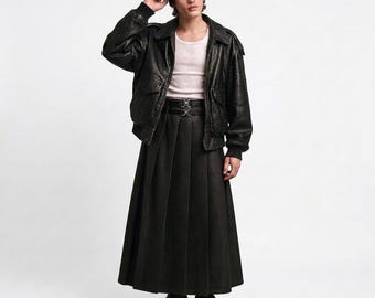 Unisex Leather Maxi Kilt & Cropped Bomber Jacket Set — Handmade Genuine Leather, Gothic Pleated Style