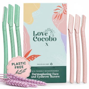 May include: A set of six dermaplaning face and eyebrow razors in green and pink, packaged in a box labelled Love Cocobo with the text Plastic Free, Pack of 6 in 2 Sizes, and Eco Friendly Biodegradable Dermaplaning Face and Eyebrow Razors.