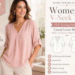 Peut inclure: Un patron de couture PDF pour un haut à col en V avec manches retroussables, marqué Saimo-Sewing-Studio. Le modèle présente un chemisier décontracté ample en tailles XS-2XL, incluant des formats A4, US Letter et A0 avec des instructions.