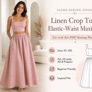 Könnte beinhalten: Ein Schnittmuster für ein Set aus einem bauchfreien Leinen-Top und einem bodenlangen Rock mit elastischem Bund von Saimo-Sewing-Studio. Das Set umfasst ein ärmelloses Oberteil mit eckigem Ausschnitt und einen fließenden Rock mit Seitentaschen.