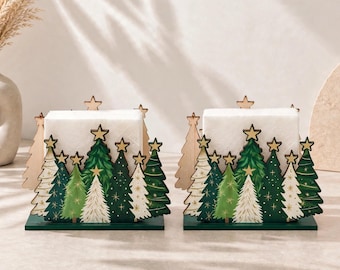Green Wooden Christmas Tree Napkin Holder, Set of 2 Holiday Table Decor
