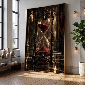May include: A large rectangular wall art print featuring an ornate, dark metal hourglass filled with vibrant red sand. The hourglass is set against a detailed, dimly lit gothic architectural interior with arched windows and stone columns.