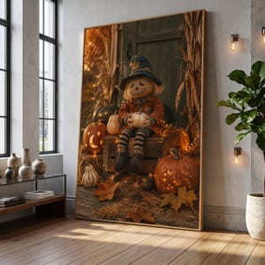 May include: A framed wall art print depicting a scarecrow figure wearing a dark hat and striped socks, sitting on a wooden crate surrounded by pumpkins, autumn leaves, and string lights in front of a dark wooden door with corn stalks.