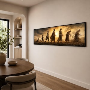 Op de afbeelding: Een rechthoekige wandkunstprint in een zwarte lijst die de menselijke levenscyclus in silhouet weergeeft tegen een gouden zonsondergang. De scène toont figuren die evolueren van een kruipende baby naar een kind, volwassene en uiteindelijk een oudere.