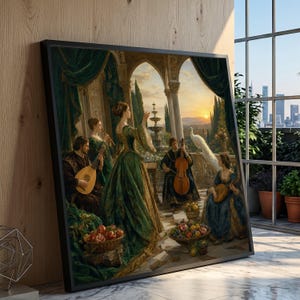May include: A framed wall art print depicting a group of people in historical attire playing musical instruments, including a lute and cello, on a terrace with a fountain, a white peacock, and a sunset background in shades of green and gold.