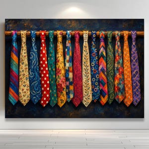 May include: A horizontal wall art print featuring a row of fourteen neckties hanging from a wooden rod against a dark, textured blue background. The ties display a variety of vibrant patterns, including stripes, polka dots, florals, and geometric shapes.