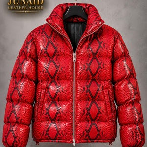 Women's Exotic Puffer Jacket, Luxury Oversized Winter Fashion Coat, Snakeskin Print Damen-Lederjacke