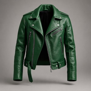 Peut inclure: Une veste de moto en cuir vert forêt dotée d'un large col cranté avec des boutons-pression argentés, d'une fermeture éclair frontale asymétrique, de plusieurs poches zippées et d'une ceinture à boucle à l'ourlet avec des manches longues.