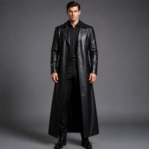 Men's Long Leather Trench Coat, Genuine Leather Overcoat, Full Length Black Brown Menswear Outerwear
