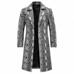 Gabardina de piel de serpiente / Abrigo largo para hombre, sobretodo, chaqueta de abrigo de moda con estampado de reptil