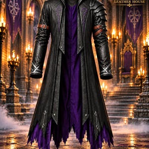 May include: A black leather long coat featuring a deep purple inner lining with a jagged hemline. The coat includes brown leather straps on the sleeves, silver metallic accents, and purple embroidery. The text JUNAID LEATHER HOUSE is visible.