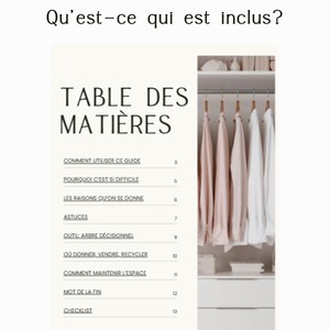 Puede incluir: Una gu&iacute;a digital titulada Qu'est-ce qui est inclus? y TABLE DES MATI&Egrave;RES, que enumera secciones desde Comment utiliser ce guide hasta Checklist. A la derecha se muestra un armario con camisas claras sobre cajones blancos.