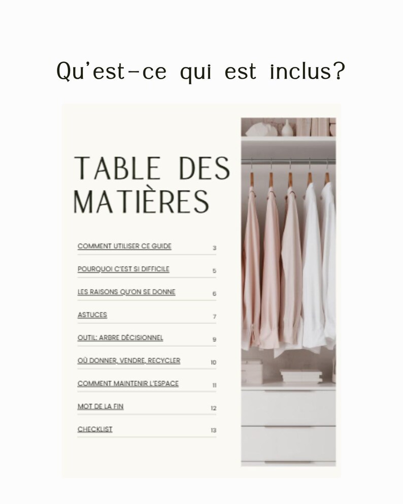 Puede incluir: Una gu&iacute;a digital titulada Qu'est-ce qui est inclus? y TABLE DES MATI&Egrave;RES, que enumera secciones desde Comment utiliser ce guide hasta Checklist. A la derecha se muestra un armario con camisas claras sobre cajones blancos.