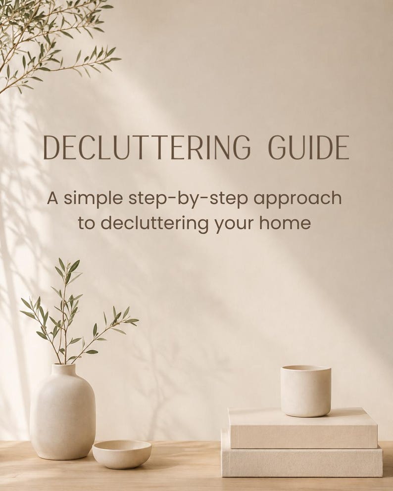 May include: A digital decluttering guide with the text DECLUTTERING GUIDE and A simple step-by-step approach to decluttering your home. The image features a light-colored vase with a small plant, a small bowl, and a cup resting on two books.
