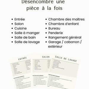Puede incluir: Una lista de verificaci&oacute;n de organizaci&oacute;n con el t&iacute;tulo "D&eacute;sencombre une pi&egrave;ce &agrave; la fois" seguida de una lista de habitaciones que incluye Entr&eacute;e, Salon, Cuisine, Salle &agrave; manger, Salle de bain, Salle de lavage, Chambre des ma&icirc;tres, Chambre d'enfant, Bureau, Penderie, Rangement g&eacute;n&eacute;ral y Garage / cabanon / ext&eacute;rieur.
