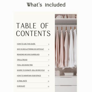 May include: A digital document page titled What's included and TABLE OF CONTENTS, listing sections from How to use this guide to Checklist with page numbers. To the right, a photograph shows a white closet with hanging shirts and drawers.