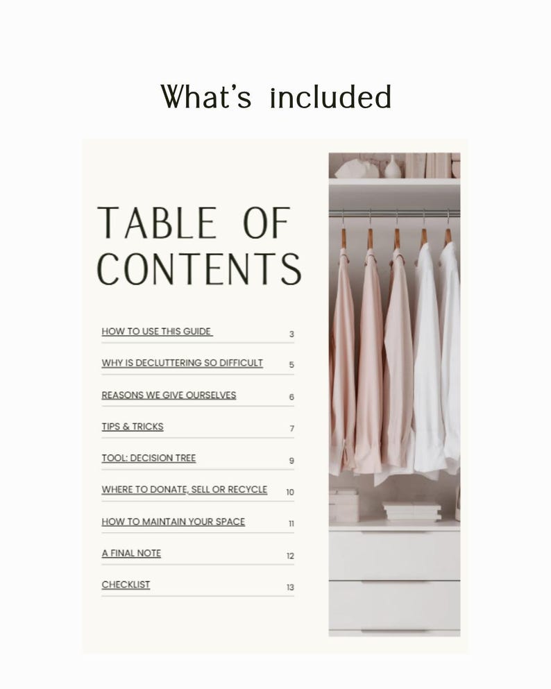 May include: A digital document page titled What's included and TABLE OF CONTENTS, listing sections from How to use this guide to Checklist with page numbers. To the right, a photograph shows a white closet with hanging shirts and drawers.