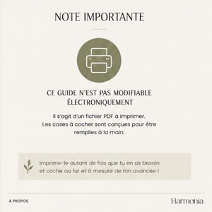 Puede incluir: Una p&aacute;gina de documento digital con el t&iacute;tulo NOTE IMPORTANTE, un icono de impresora y texto que indica que la gu&iacute;a no es editable electr&oacute;nicamente, es un PDF imprimible y tiene casillas de verificaci&oacute;n para rellenar a mano, marca Harmonia.
