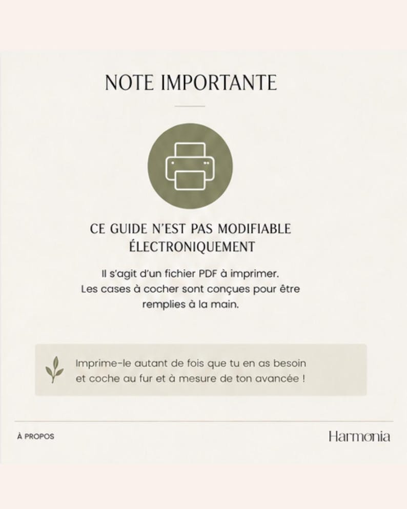 Puede incluir: Una p&aacute;gina de documento digital con el t&iacute;tulo NOTE IMPORTANTE, un icono de impresora y texto que indica que la gu&iacute;a no es editable electr&oacute;nicamente, es un PDF imprimible y tiene casillas de verificaci&oacute;n para rellenar a mano, marca Harmonia.